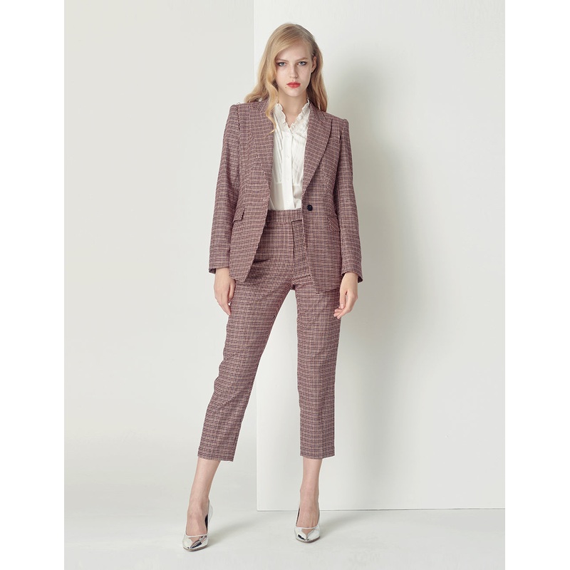 Pink houndstooth ankle slim suit pants