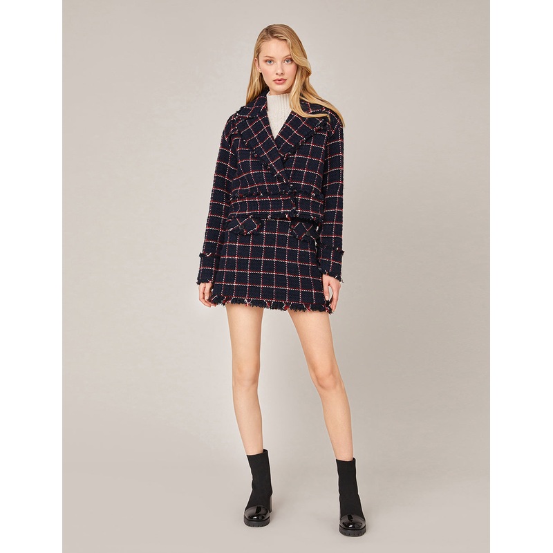 PLAID TWEED FRINGE HEM A-LINE MINI SKIRT