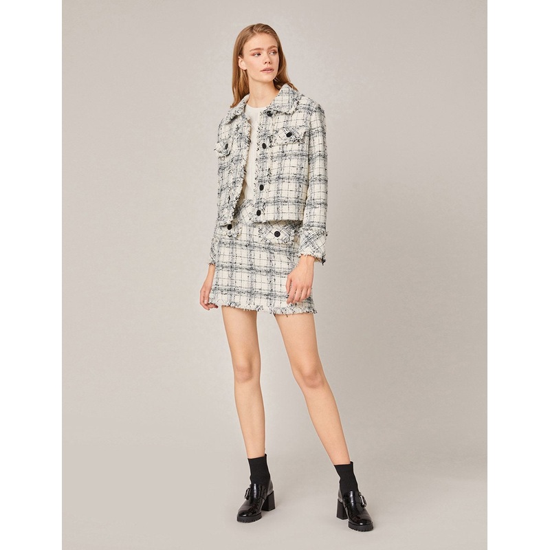 PLAID TWEED FRINGE HEM MINI SKIRT