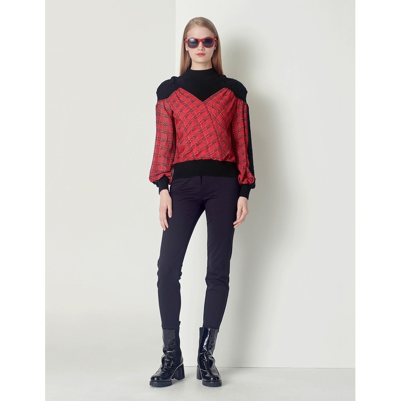 Red And Black Plaid Turtleneck Black Print Pullover