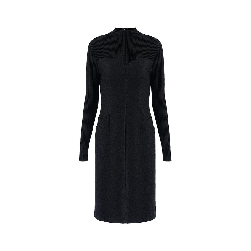 SEMI-TURLENECK KNIT SPLICED STRETCH KNITTED DRESS