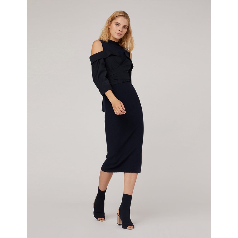 SEMI-TURTLENECK KNIT SPLICED WOVEN DRESS