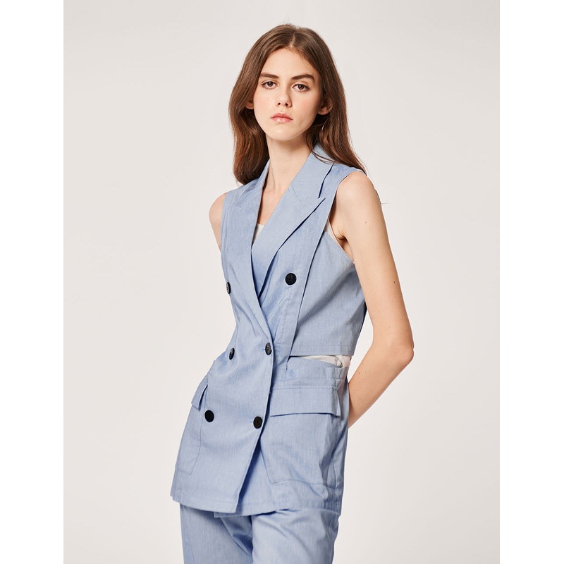 SKY BLUE LINEN BLENDED SLEEVELESS JACKET