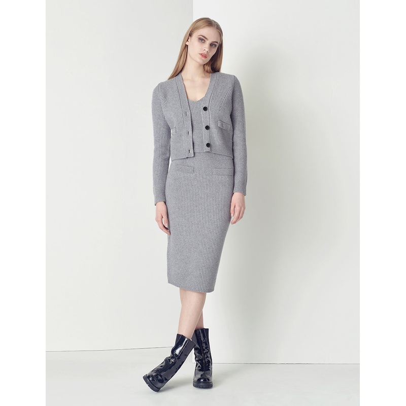 Smoke grey V-neck woolen short cardigan