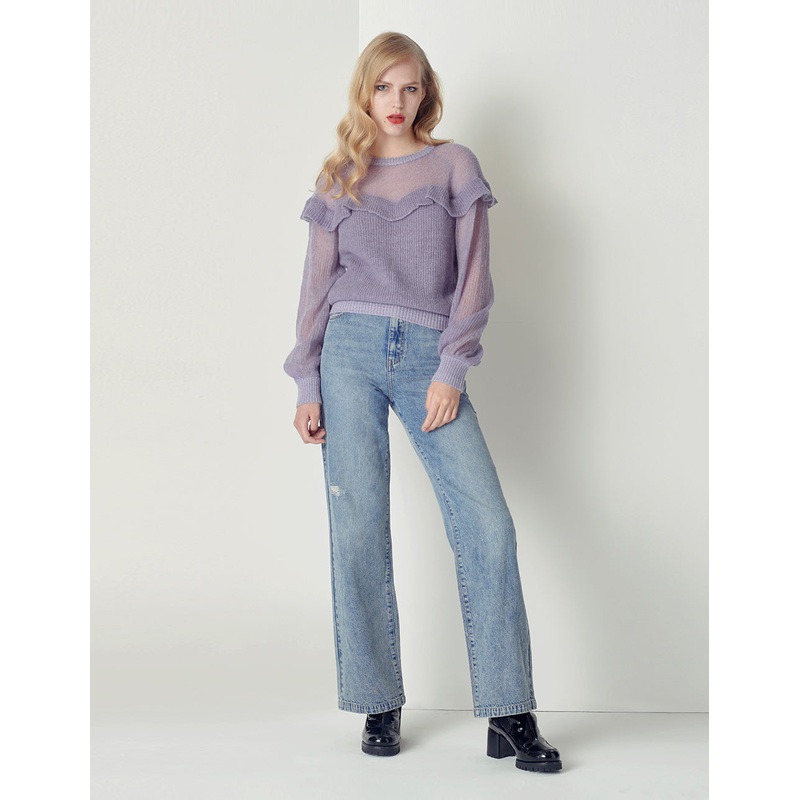 Taro Purple Round Neck Lantern Sleeve Knitted Jumper
