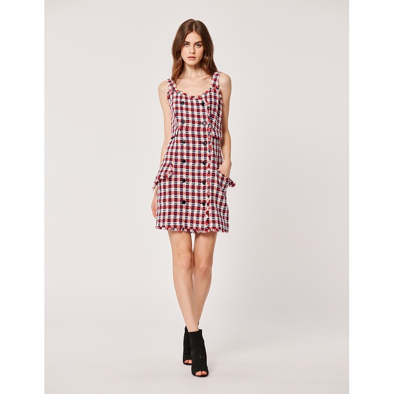 Tweed Double Breasted Sleeveless Suspender Mini Dress