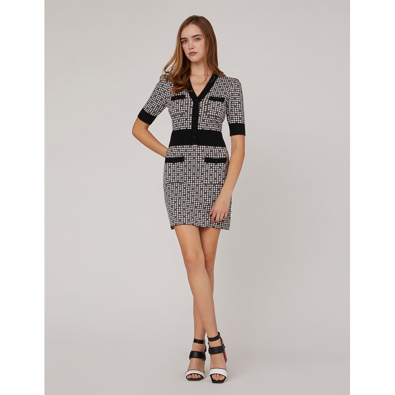 V-NECK HOUNDSTOOTH JACQUARD KNITTED DRESS