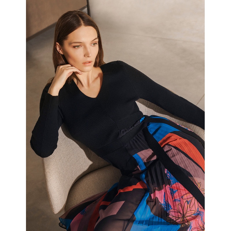 V-NECK KNIT SPLICED GEORGETTE PRINT DRESS