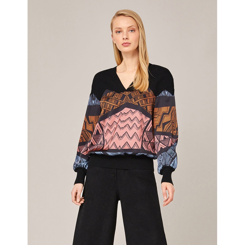 V-Neck Knit Spliced Print Top