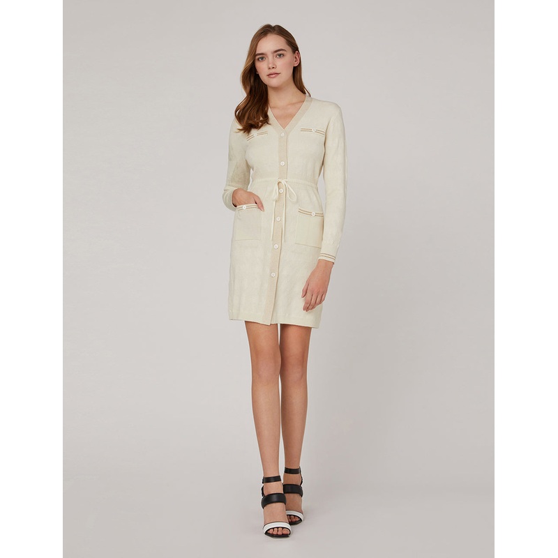 V-NECK SHINY TRIM JACQUARD KNITTED DRESS