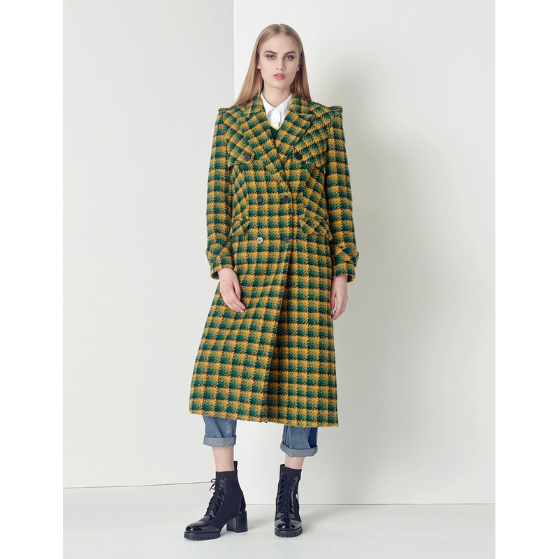 Yellow-Green Plaid Lapel Double-Breasted Coat