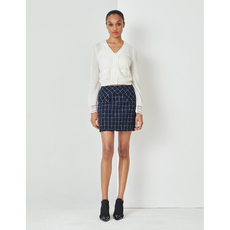 A-Shape Plaid Mini Skirt In Tweed With Two Side Pockets Tassel