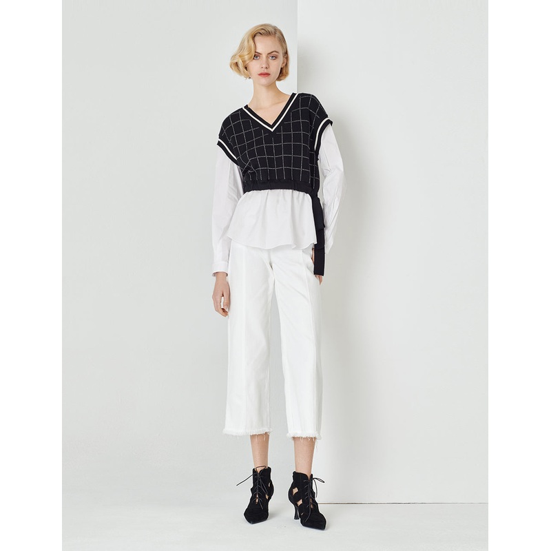 Black And White Colour Contrast Plaid Knitted Top
