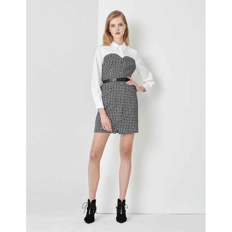 Black And White Plaid Fake Two-Piece Spliced Contrast Colour Shirt Dress