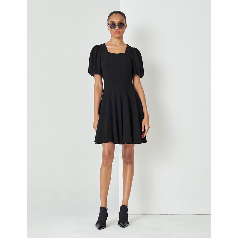 Black Generous Collar Puff Sleeve Little Black Dress