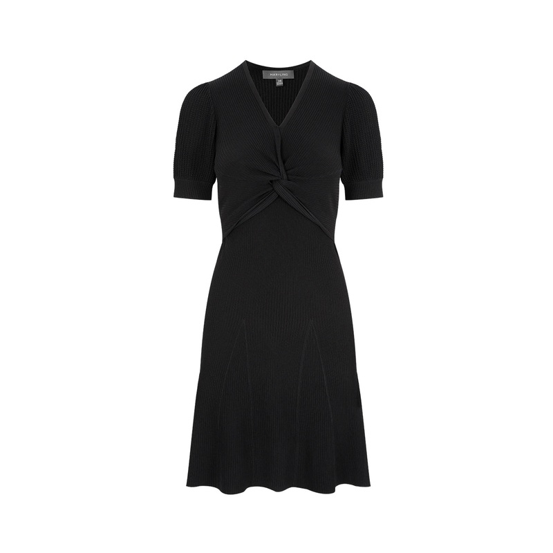 Black Knotted Waist Knit Dress