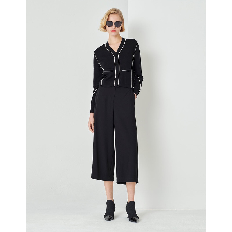 Black Lapel Short Puff Sleeve Double-Breasted Knitted Cardigan