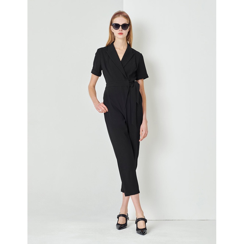 Black Short-Sleeved Suit-Style Strap Jumpsuit
