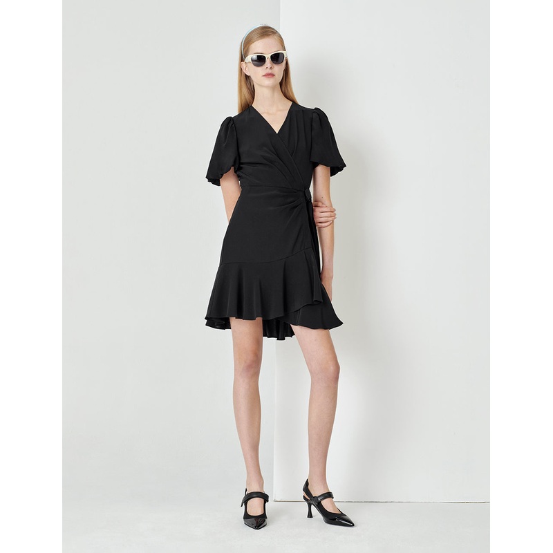 Black V Neck One Piece Ruffle Dress