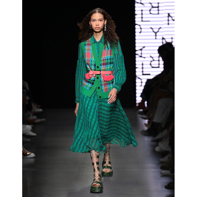 Blue And Green Square Print Houndstooth Pleated Skirt