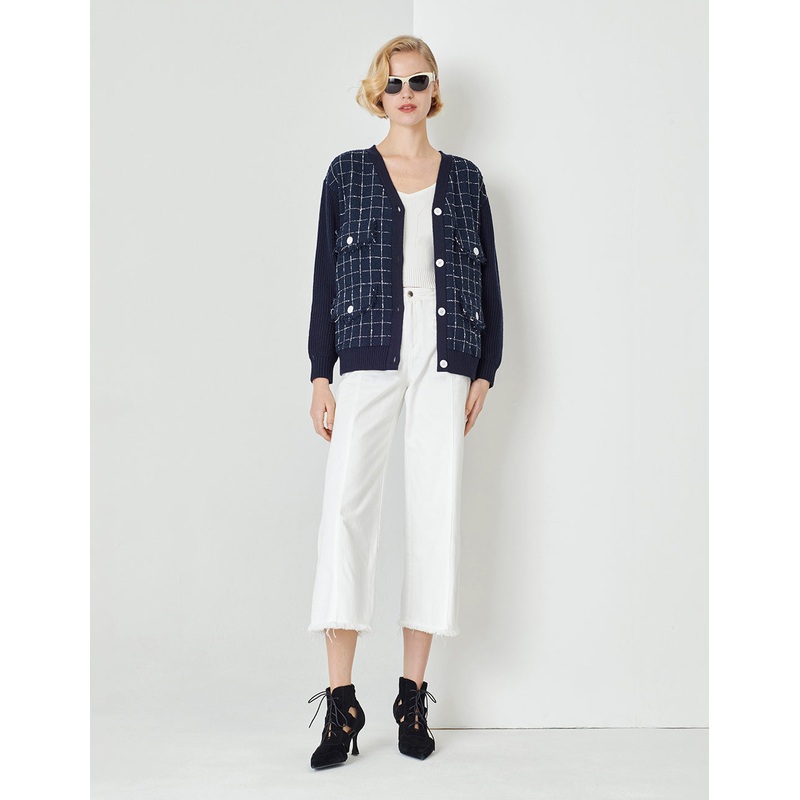Blue And White Check Needle Shuttle Cardigan