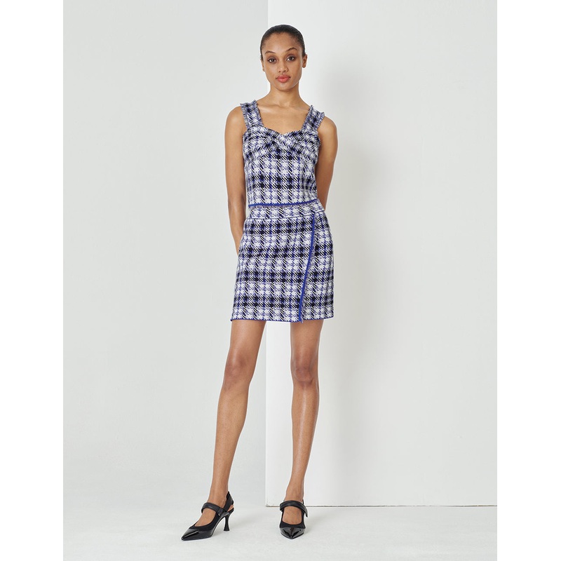 Blue And White Plaid Tassel Plaid Knitted Top