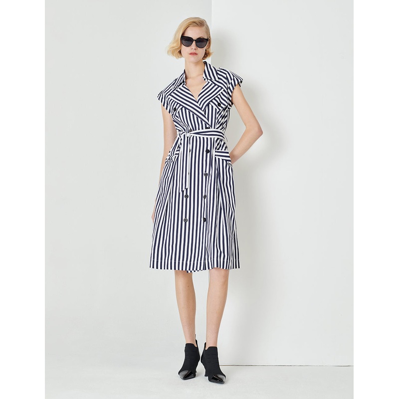 Blue And White Striped Lapel Belted Striped Dress