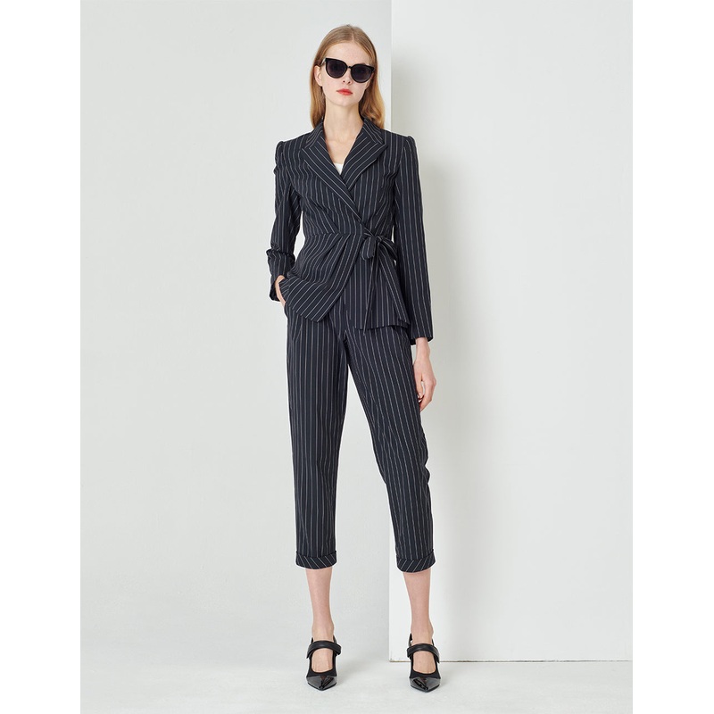 Blue Bottom White Striped Lapel Wrap Detail Striped Suit Jacket