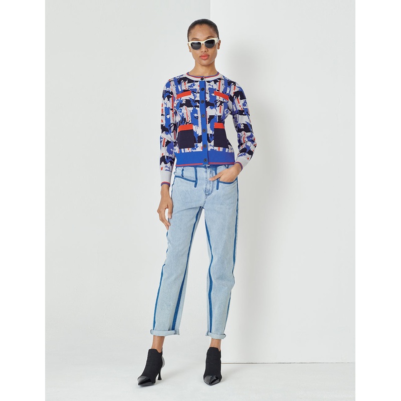 Blue Geometric Pattern Round Neck Knitted Cardigan