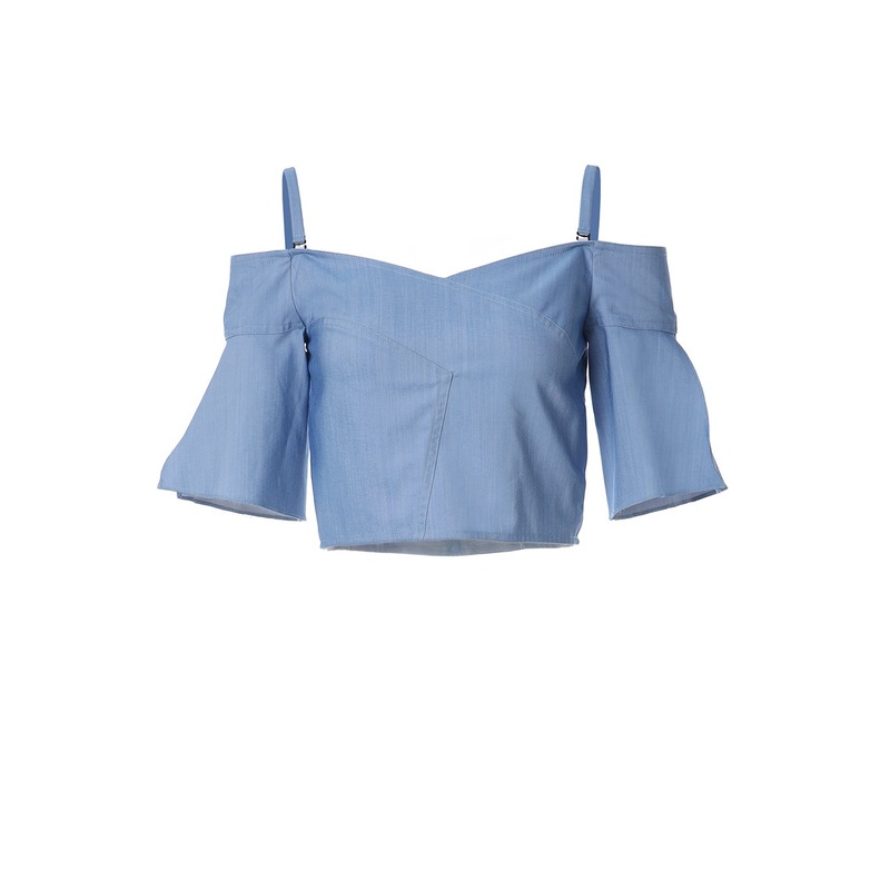 Cold Shoulder Sling Ruffle Short Sleeve Short Denim Top