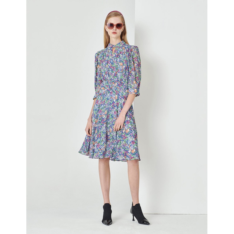 Colour Shirt Collar Waist Pleated Puff Sleeve Dress