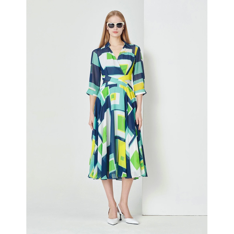 Colourful Holiday Puzzle Art Plaid V-Neck Big Swing Georgette Dress