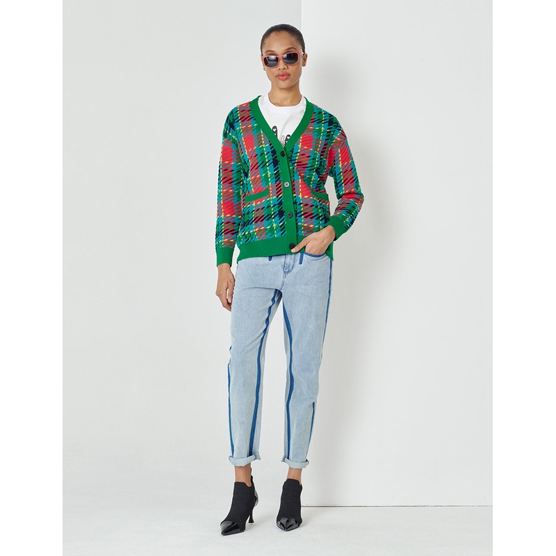 Colourful Plaid V-Neck Knitted Cardigan