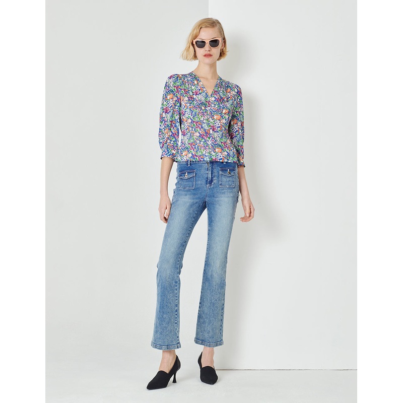 Colourful underwater garden V-neck long-sleeved silk top