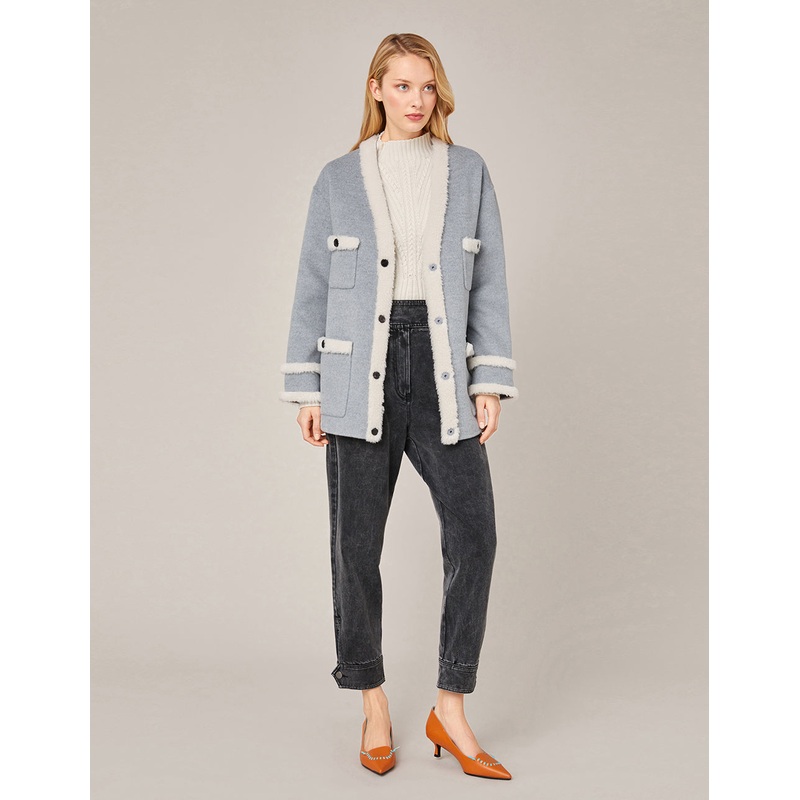 CONTRAST FUR TRIM SPLICED WOOL COAT
