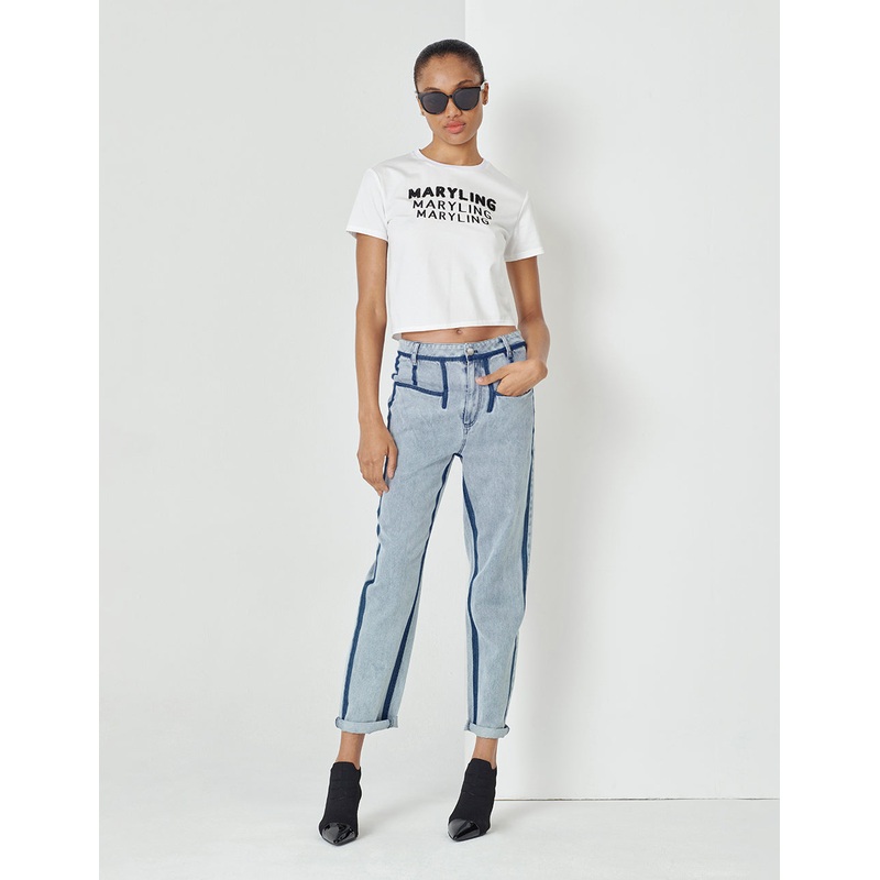 Contrast Striped Denim Cropped Pencil Pants