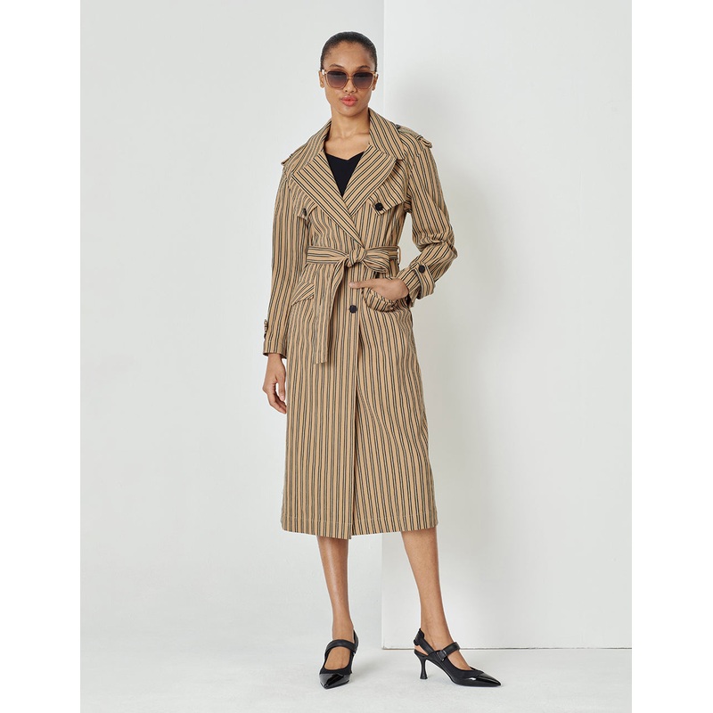 Double-Breasted Belt Striped Windbreaker Jacket