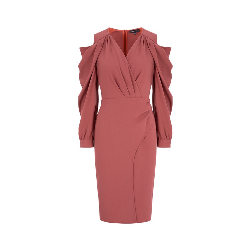 Draped Off-The-Shoulder Pleats With Side Slits Hem Brick-Red Hip-Wrap Dress