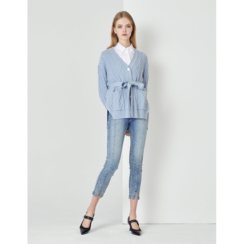 Foggy Blue V-Neck Tied Waist Double Bag Knitted Cardigan