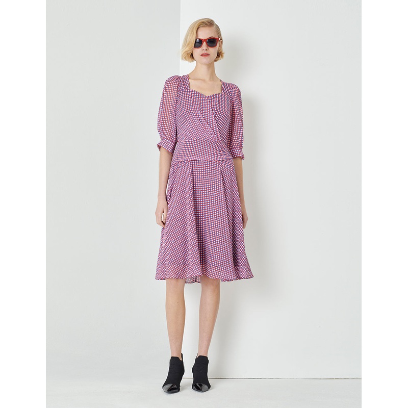 Houndstooth Georgette Print Puff Sleeve Dress