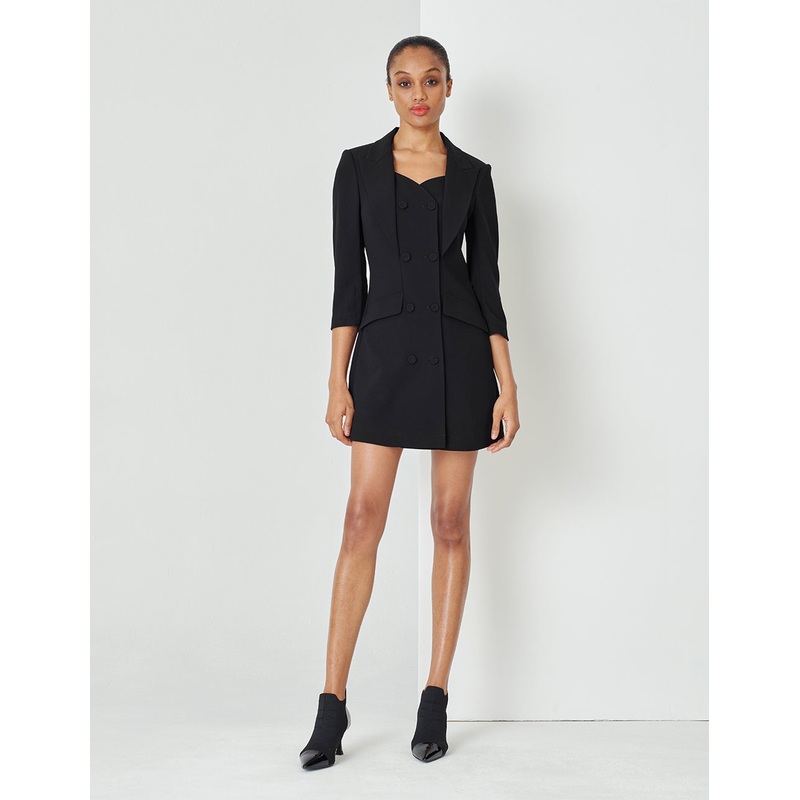 Lapel Collar Double-Breasted Black Short Dress