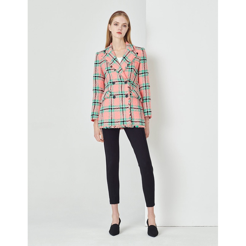 Lapel Collar Pink And Green Plaid Double-Breasted Retro Blazer