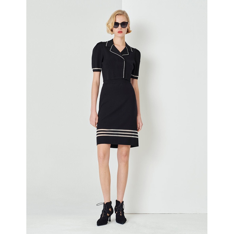 Lapel Short Puff Sleeve Double-Breasted Knitted Top