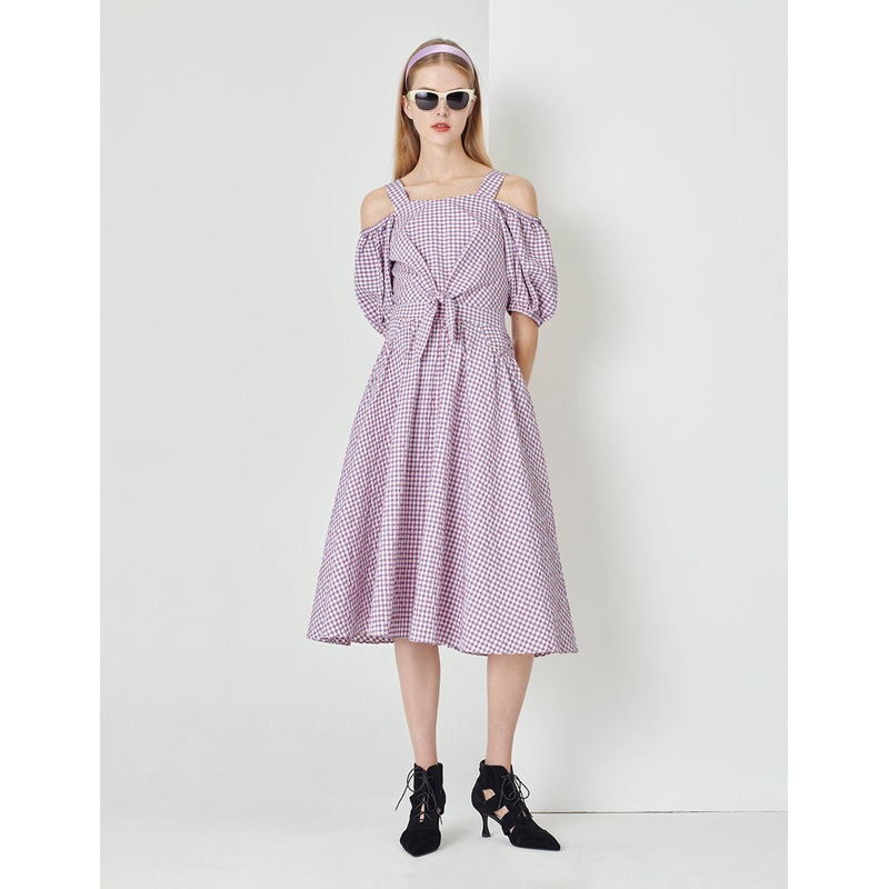 Light Purple Checkered V-Neck Puff Sleeves Bowknot Decorated Dress