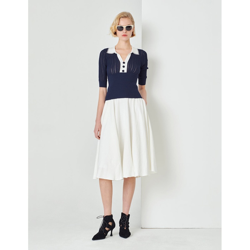 Midnight Blue Polo Shirt Collar Colour block Knit Sweatshirt