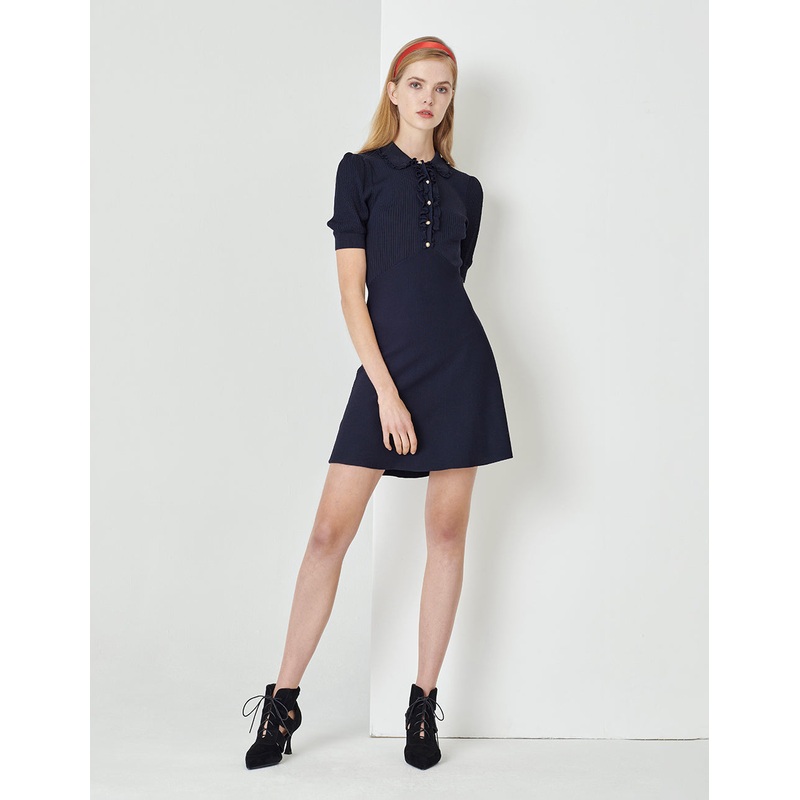 Midnight Blue Shirt Collar Knitted Dress