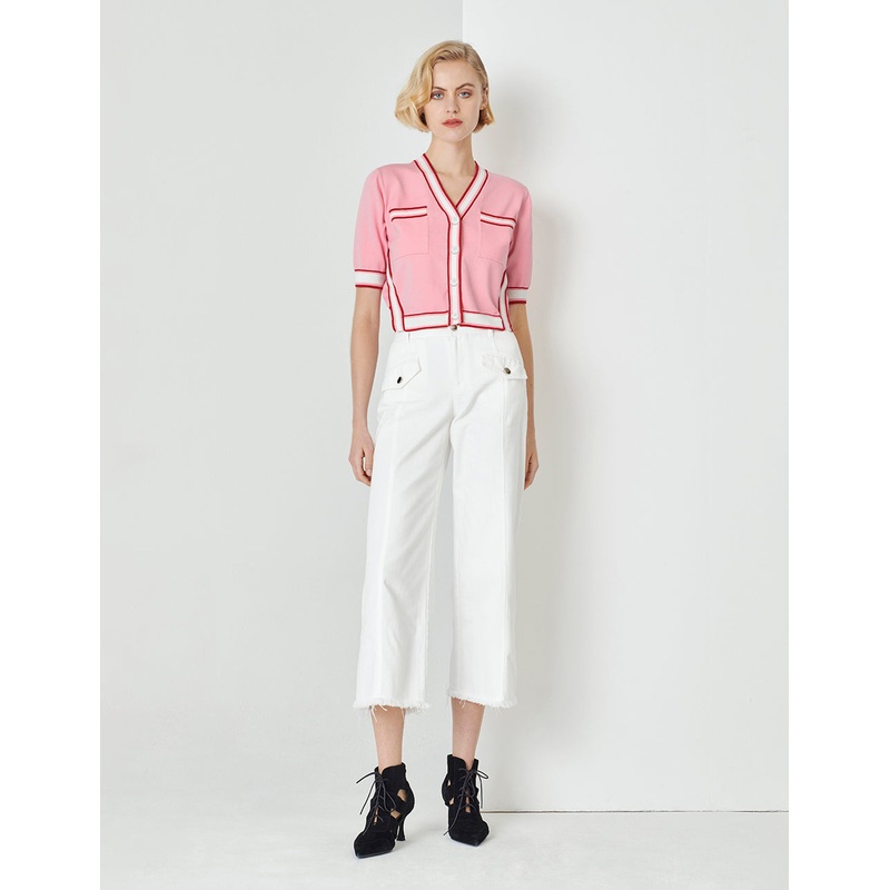 Peach Pink Contrasting Rib-Knit Detail Cardigan
