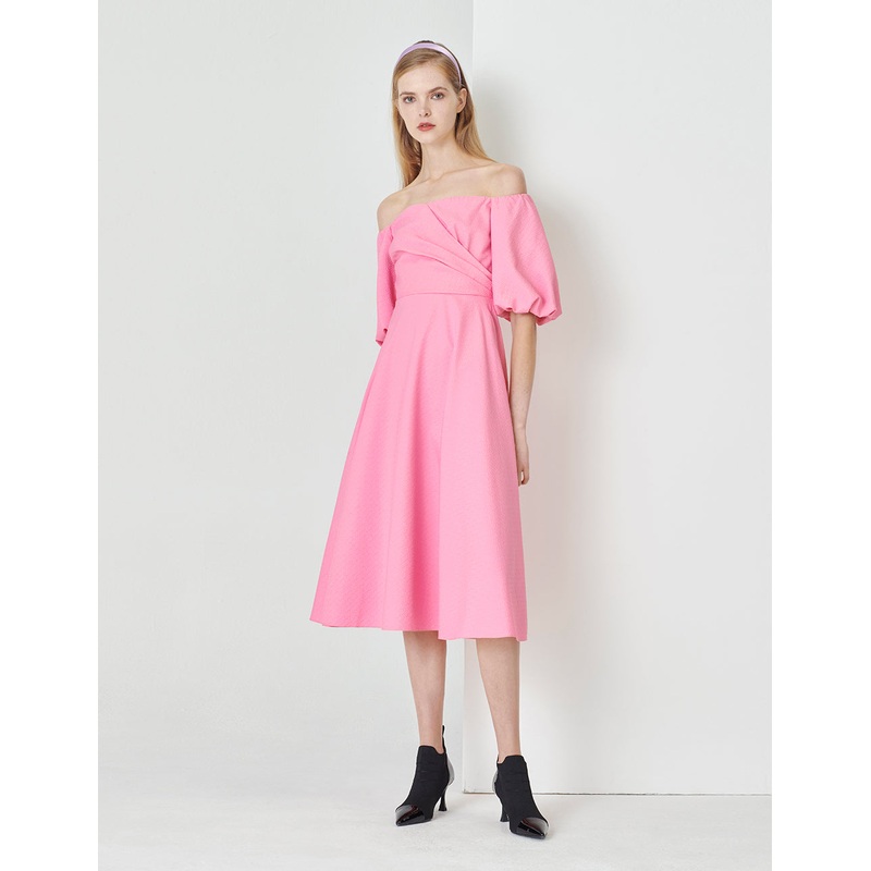 Peach Pink One-Collar Puff Shoulder Dress