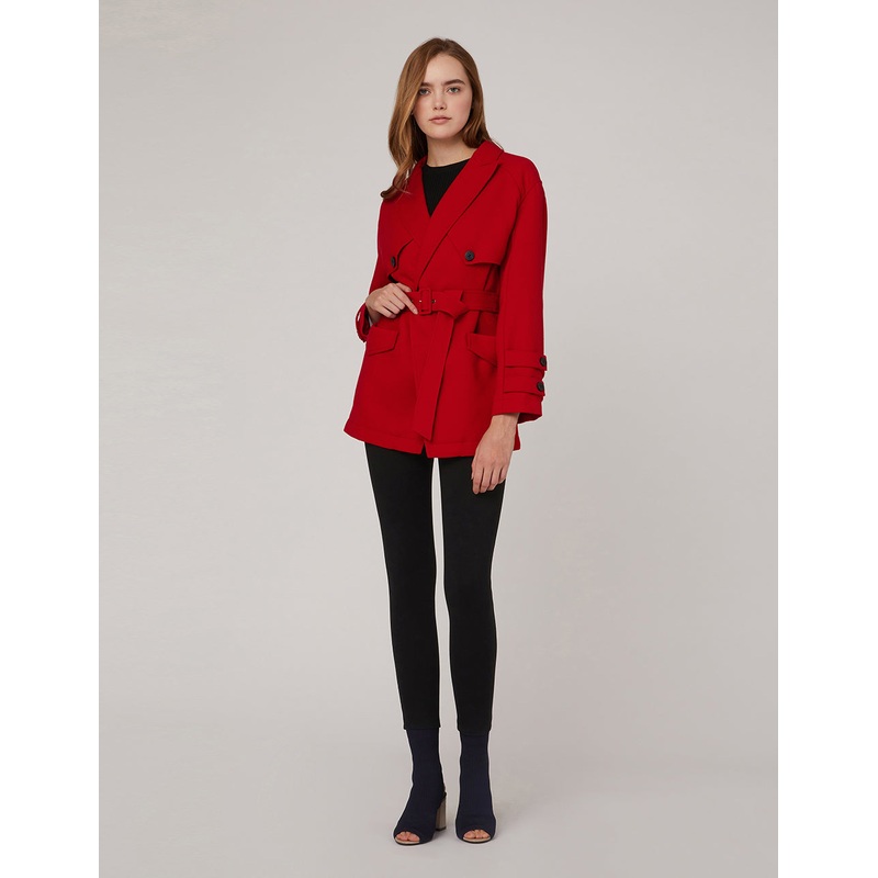 PEAK-LAPEL DOUBLE-BREASTED SELF BELT COAT