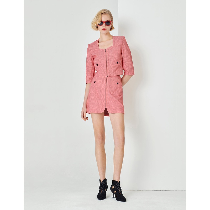 Pink back-shaped metal zipper short skirt